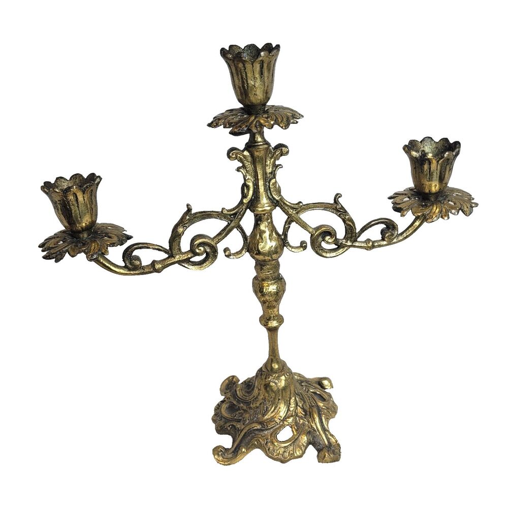 VINTAGE BRASS Three Arm Decorative Candelabra Candlestick Gold Color 11 inch